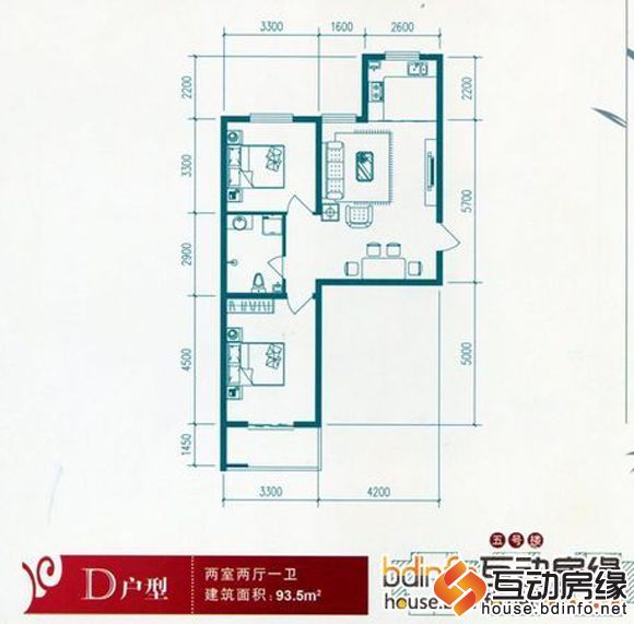 图为西湖龙湾户型图之两室两厅一卫(93.5平米)