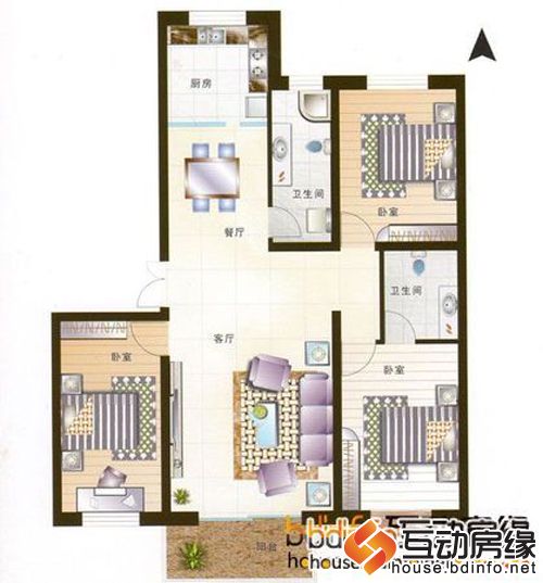 图为三室两厅两卫户型图