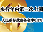央行年内第三次上调存款准备金率0.5%
