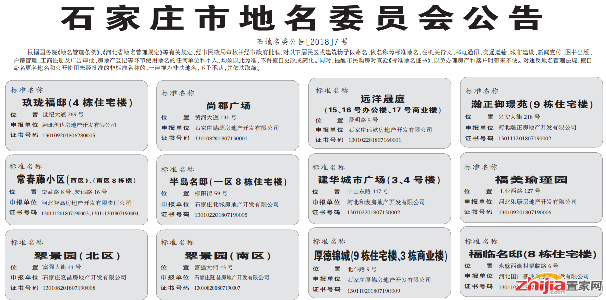 石家庄市地名委员会公告:12项目获得标准地名